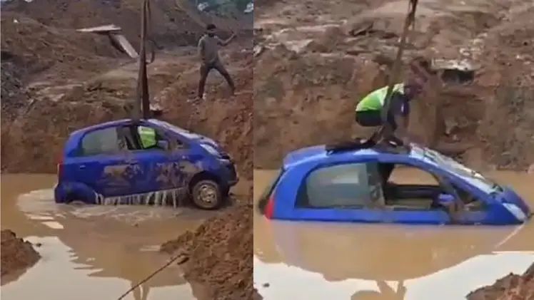 അടിപ്പാത നിര്‍മ്മാണത്തിനെടുത്ത കുഴിയില്‍ വെള്ളക്കെട്ട്; കാര്‍ നിയന്ത്രണം വിട്ടുമറിഞ്ഞു