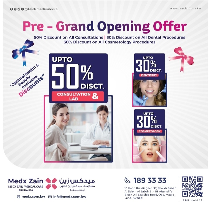 Pre Grand opening offer with 50% Discount at Medx zain Medical care-Abu Halifa